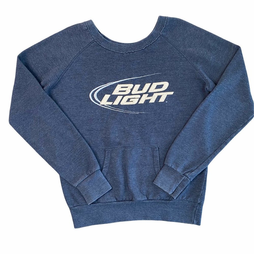 BUD LIGHT Sweatshirt Women’s Medium Kangaroo Pocket Jones & Mitchell Blue